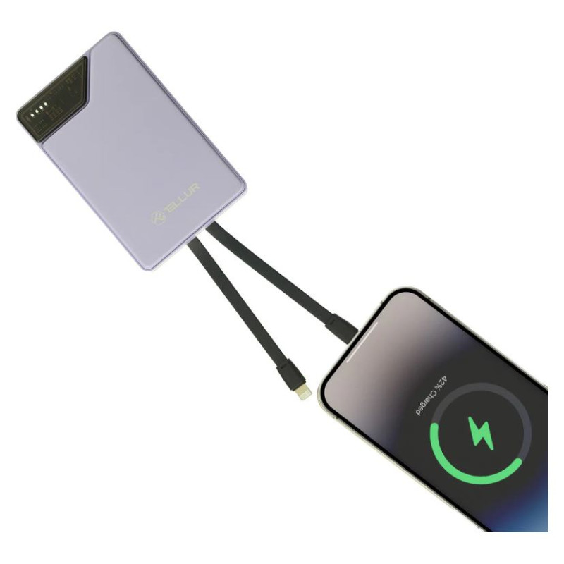 Tellur Power Bank 10000mAh, USB-C + Lightning cables built-in  purple