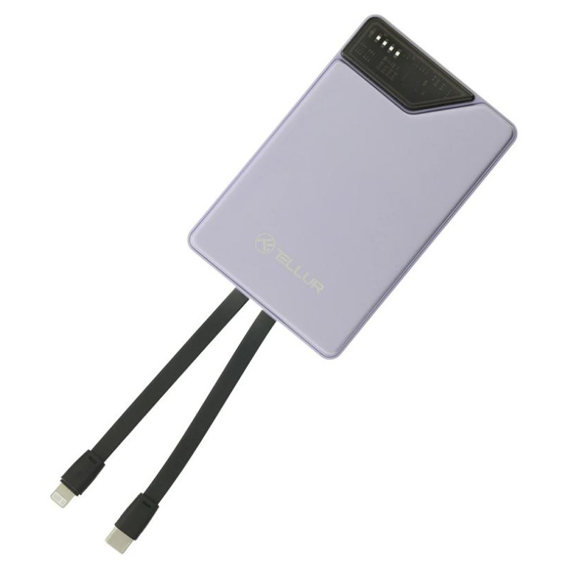 Tellur Power Bank 10000mAh, USB-C + Lightning cables built-in  purple