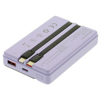 Tellur Power Bank 10000mAh, USB-C + Lightning cables built-in  purple