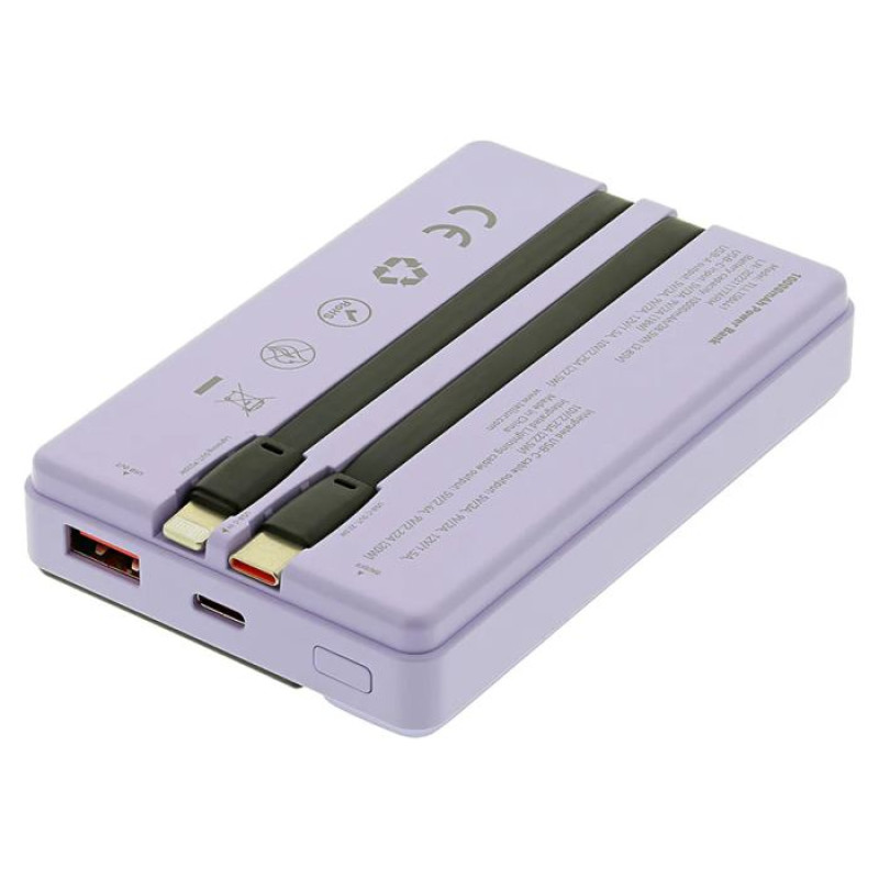 Tellur Power Bank 10000mAh, USB-C + Lightning cables built-in  purple