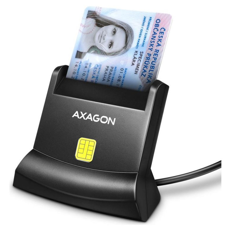 Axagon Universal desktop USB contact Smart/ID card reader with long USB-A cable.