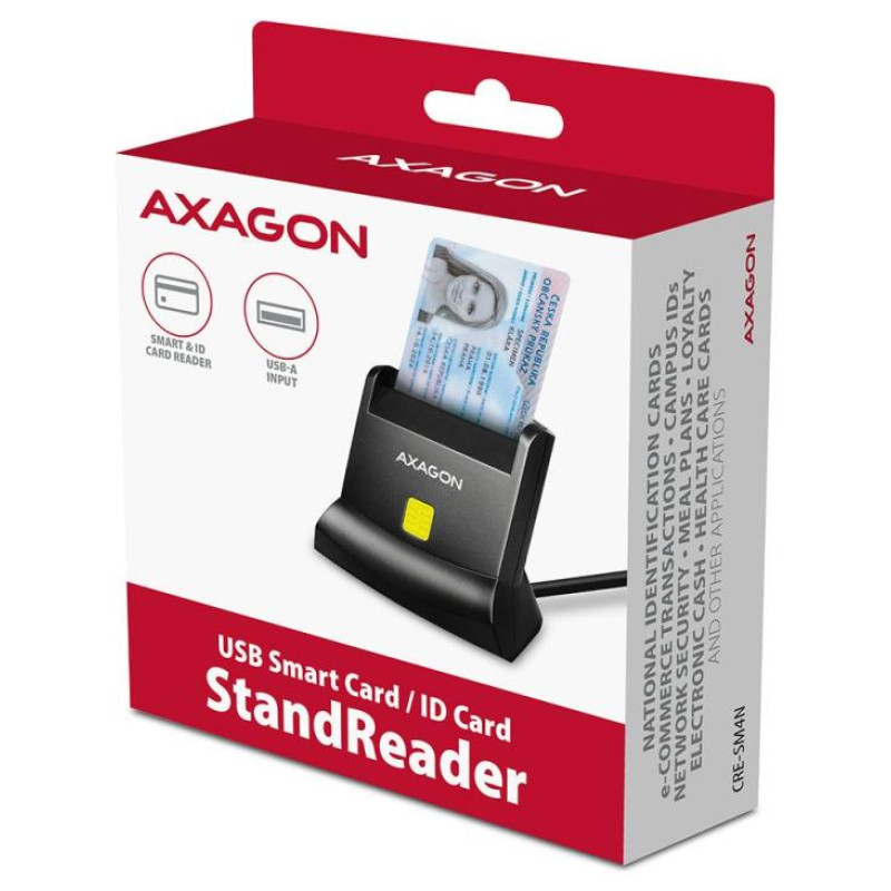 Axagon Universal desktop USB contact Smart/ID card reader with long USB-A cable.