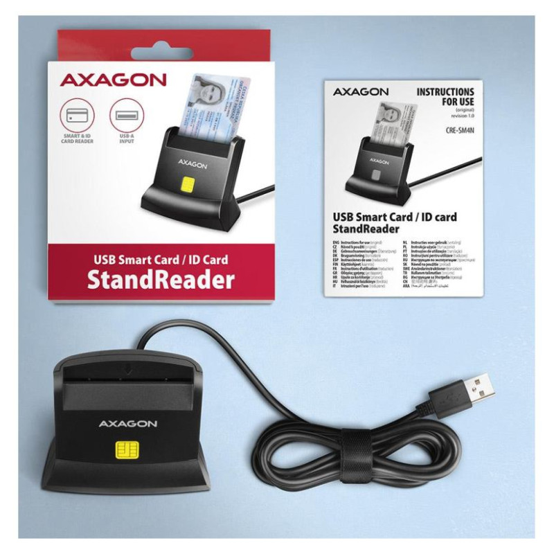 Axagon Universal desktop USB contact Smart/ID card reader with long USB-A cable.