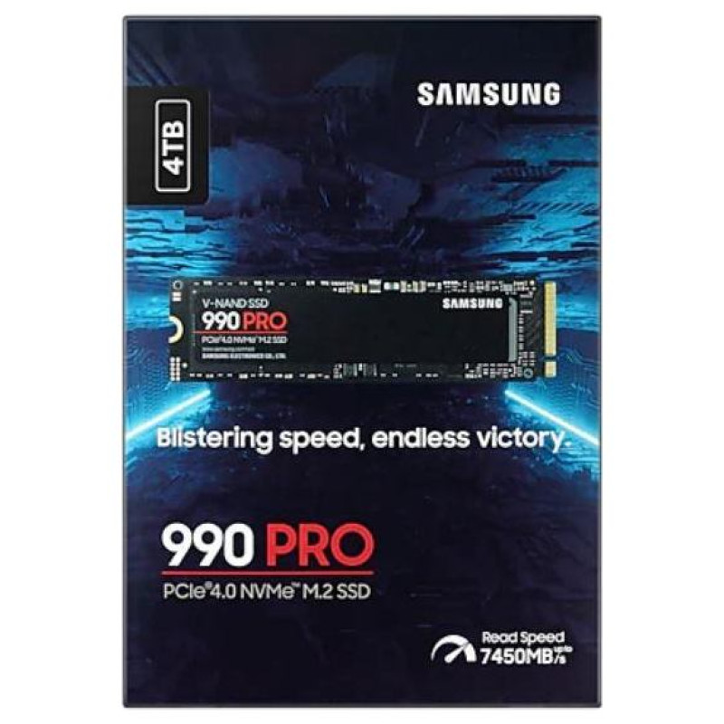 Samsung SSD|SAMSUNG|990 PRO|4TB|M.2|PCIe Gen4|NVMe|TLC|Write speed 6900 MBytes/sec|Read speed 7450 MBytes/sec|2.3mm|TBW 2400 TB|MTBF 1500000 hours|MZ-V9P4T0BW