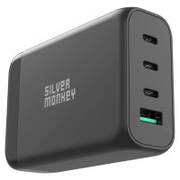 Silver Monkey SMA151 130W GaN charger 3xUSB-C PD USB-A QC 3.0 with detachable power cable - black