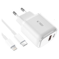 Tech-Protect C20W USB-C PD 20W / USB-A QC 3.0 Charger with USB-C / Lightning Cable - White