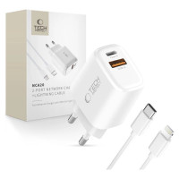 Tech-Protect NCA20 PD 20W QC3.0 USB-A / USB-C Wall Charger + USB-C / Lightning Cable 100cm - White