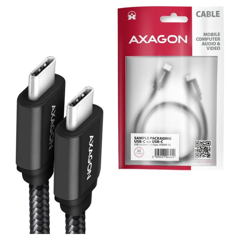 Axagon Data and charging USB 2.0 cable length 1 m. 3A. PD 60W, 3A. Black braided.
