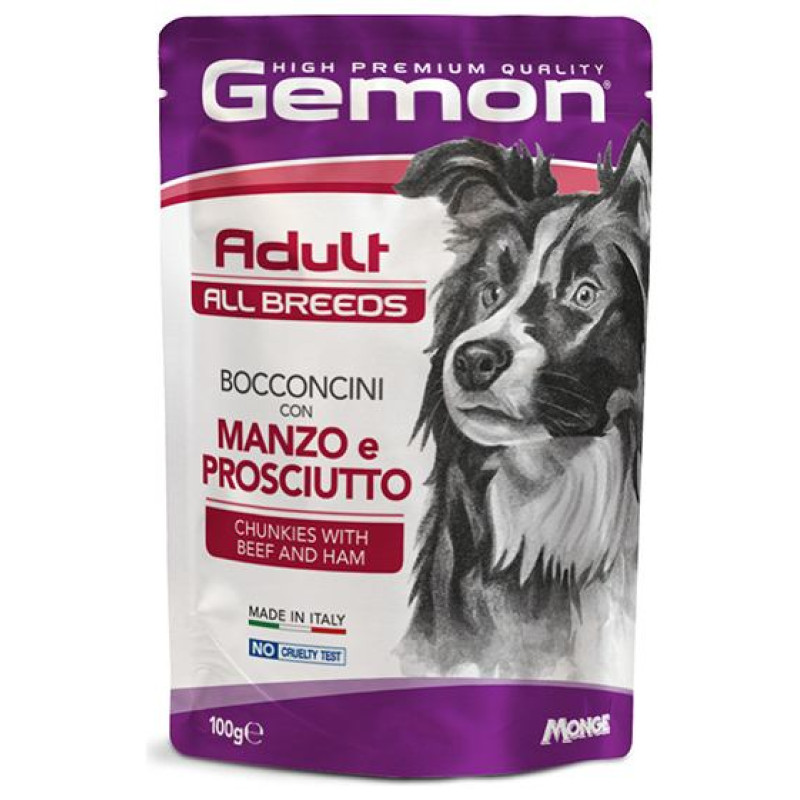 Gemon Dog pouches chunkies Adult Beef and Ham 100 g - konservi suņiem