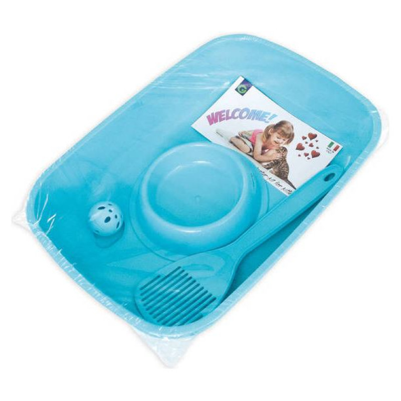 Georplast Sākuma komplekts kaķēniem Welcome - tualete, lāpstiņa, bļoda, rotaļlieta. 37,5x27x8 cm, dažādas krāsas