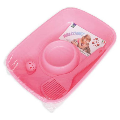 Georplast Sākuma komplekts kaķēniem Welcome - tualete, lāpstiņa, bļoda, rotaļlieta. 37,5x27x8 cm, dažādas krāsas