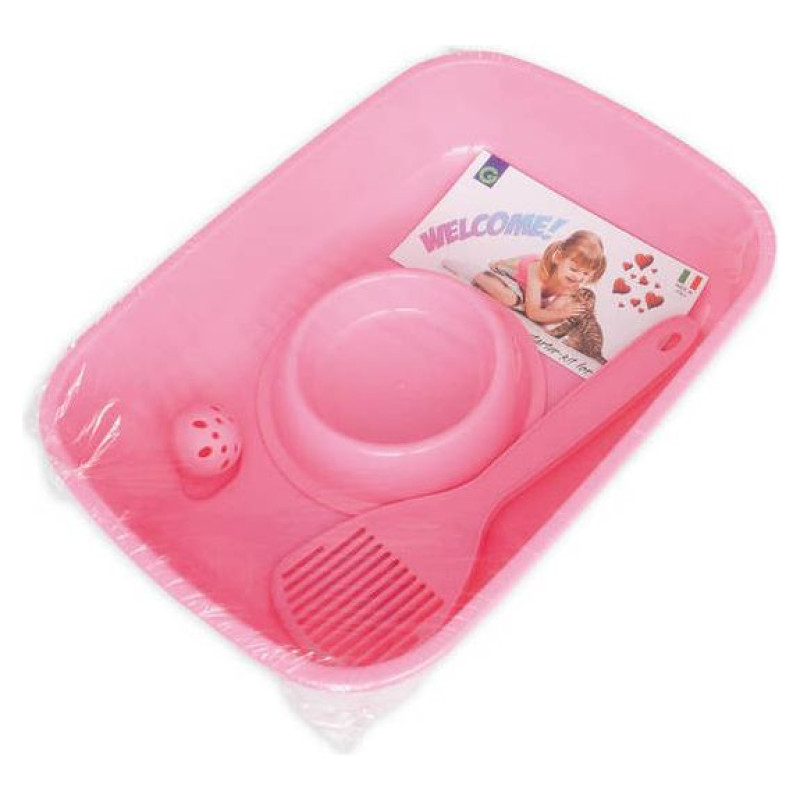 Georplast Sākuma komplekts kaķēniem Welcome - tualete, lāpstiņa, bļoda, rotaļlieta. 37,5x27x8 cm, dažādas krāsas