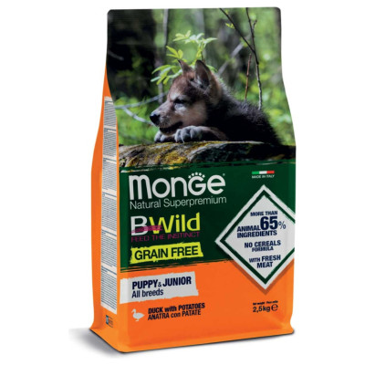 Monge BWild Dog Grain Free All Breeds Puppy & Junior Duck with Potatoes 2,5 kg