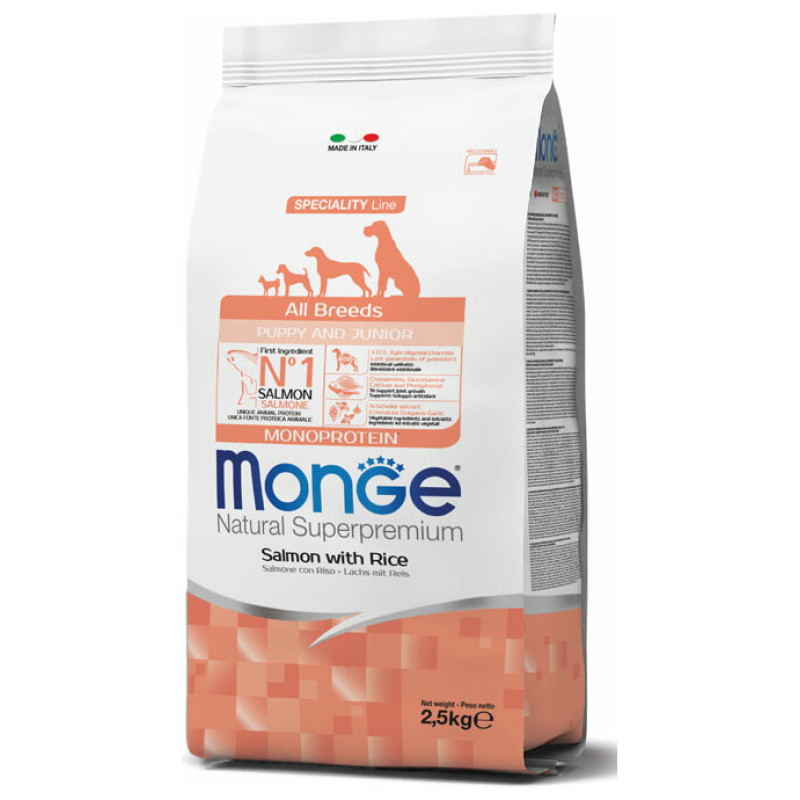 Monge Dog All Breeds Puppy and Junior Monoprotein Salmon with Rice 2,5 kg
