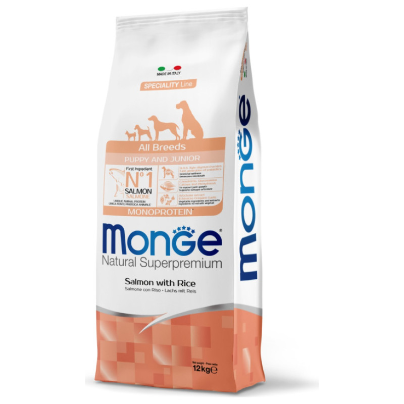Monge Dog All Breeds Puppy and Junior Monoprotein Salmon with Rice 12 kg
