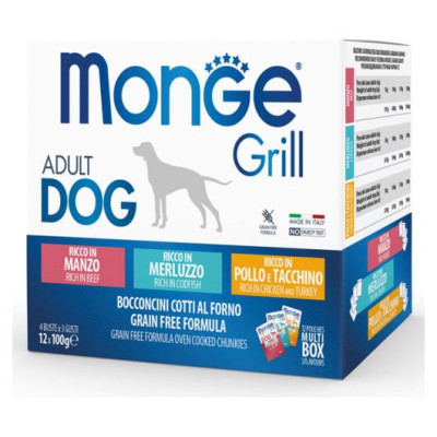 Monge Dog Grill Pouch Multipack Chicken and Turkey, Beef, Codfish 12x100 g