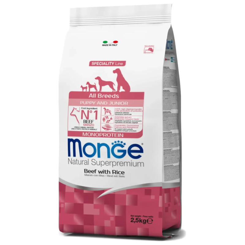 Monge Dog All Breeds Puppy and Junior Monoprotein Beef with Rice 2,5 kg