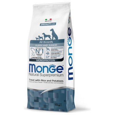 Monge Dog All Breeds Puppy and Junior Monoprotein Trout with Rice and Potatoes 12 kg