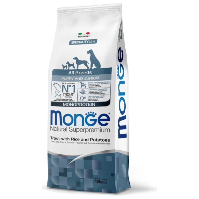 Monge Dog All Breeds Puppy and Junior Monoprotein Trout with Rice and Potatoes 12 kg