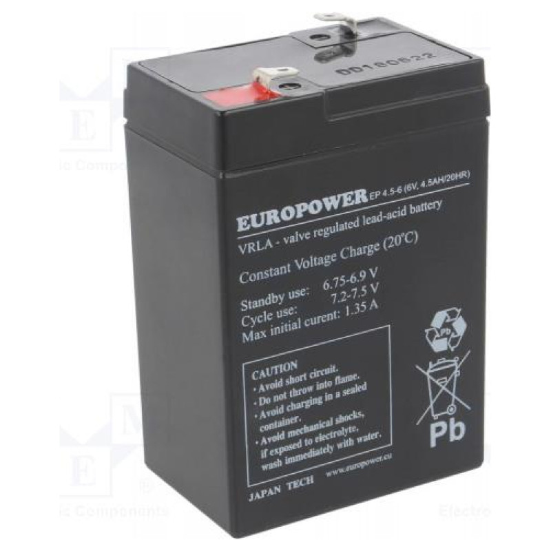 EMU BATTERY 6V 4.5AH VRLA/EP4.5-6 EUROPOWER EMU