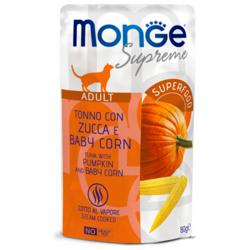Monge Supreme Pouches Cat Adult Tuna Flakes with Pumpkin and Baby Corn 80 g