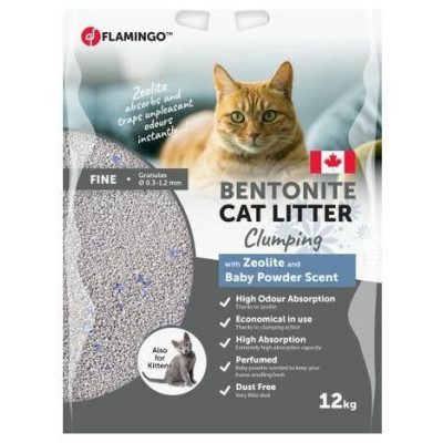 Flamingo CAT LITTER BENTONITE WITH BABY POWDER & ZEOLITE FINE GRAINS CLUMPING 12 kg