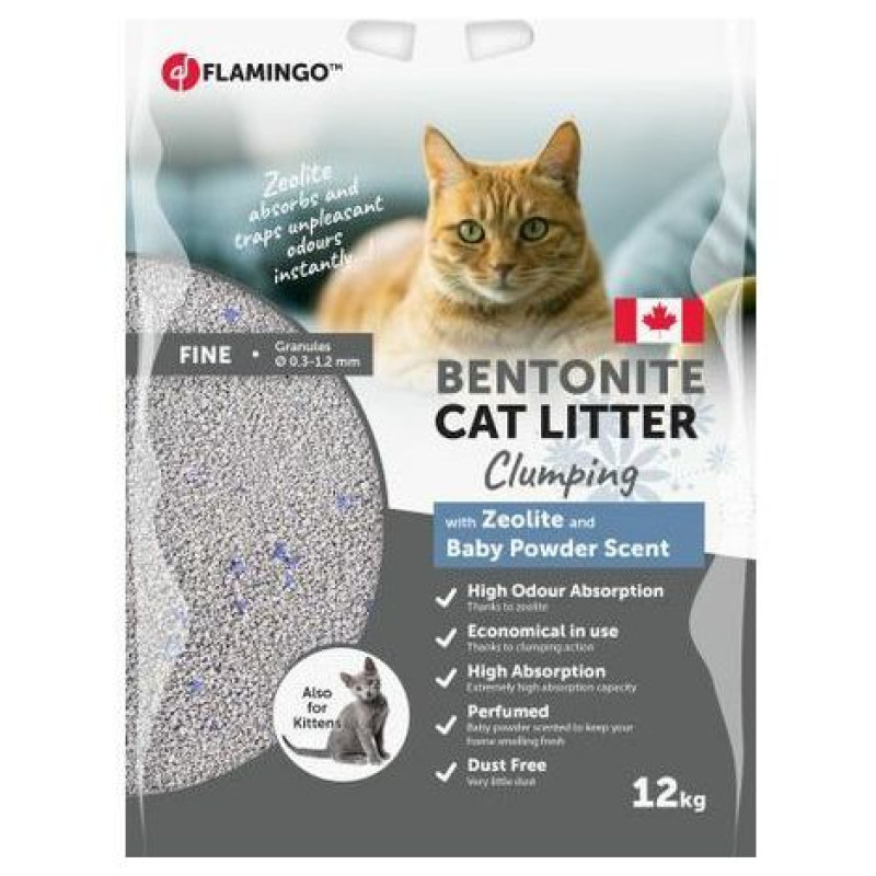 Flamingo CAT LITTER BENTONITE WITH BABY POWDER & ZEOLITE FINE GRAINS CLUMPING 12 kg