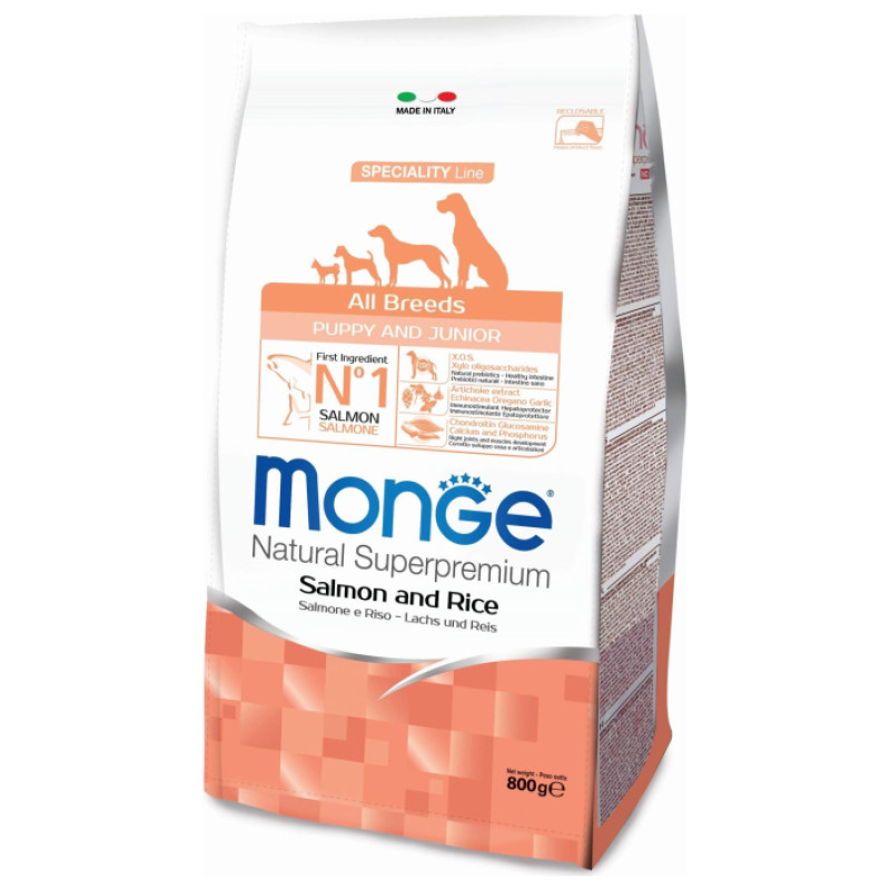Monge Dog All Breeds Puppy and Junior Monoprotein Salmon with Rice 0,8 kg