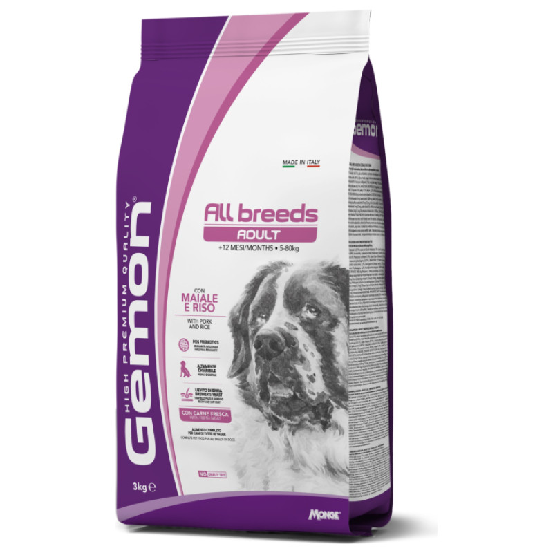 Gemon Dog ALL BREEDS Adult with pork&rice 3 kg - barība suņiem