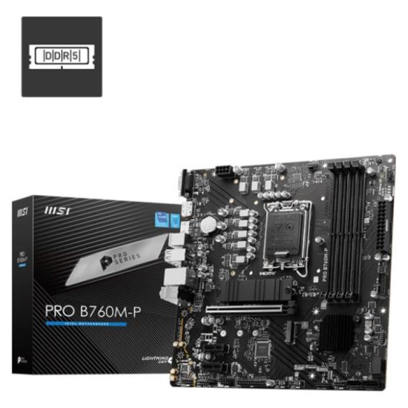 MSI Mainboard|MSI|Intel B760 Express|LGA1700|Micro-ATX|Memory DDR5|Memory slots 4|2xPCI-Express 1x|1xPCI-Express 16x|2xM.2|1x15pin D-sub|1xHDMI|1xDisplayPort|4xUSB 2.0|1xUSB 3.2|1xUSB-C|2xPS/2|1xRJ45|3xAudio port|PROB760M-P