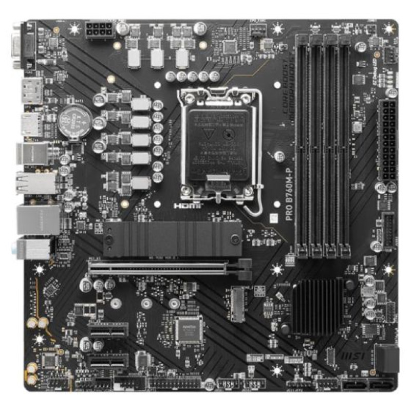 MSI Mainboard|MSI|Intel B760 Express|LGA1700|Micro-ATX|Memory DDR5|Memory slots 4|2xPCI-Express 1x|1xPCI-Express 16x|2xM.2|1x15pin D-sub|1xHDMI|1xDisplayPort|4xUSB 2.0|1xUSB 3.2|1xUSB-C|2xPS/2|1xRJ45|3xAudio port|PROB760M-P