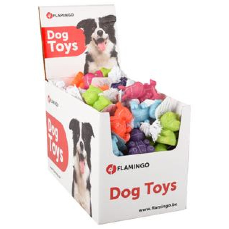 Flamingo VINYL LITTLE ANIMAL WITH ROPE - STRIPES - rotaļlieta suņiem