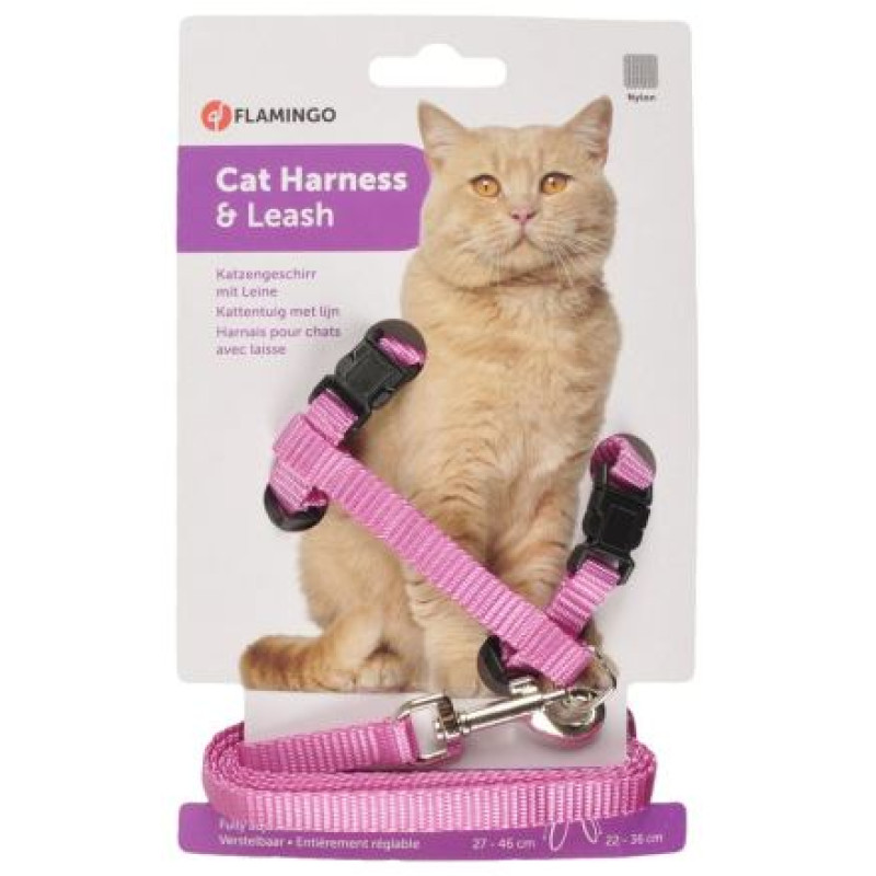 Flamingo kru&scaron;u siksna+pavada kaķiem ZIGGI LIGHT PINK 20-35cm 10mm