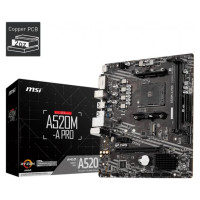 MSI Mainboard|MSI|AMD A520|SAM4|MicroATX|1xPCI-Express 3.0 1x|1xPCI-Express 3.0 16x|1xM.2|Memory DDR4|Memory slots 2|1xDVI|1xHDMI|2xAudio-Out|2xUSB 2.0|4xUSB 3.2|1xRJ45|A520M-APRO