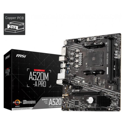 MSI Mainboard|MSI|AMD A520|SAM4|MicroATX|1xPCI-Express 3.0 1x|1xPCI-Express 3.0 16x|1xM.2|Memory DDR4|Memory slots 2|1xDVI|1xHDMI|2xAudio-Out|2xUSB 2.0|4xUSB 3.2|1xRJ45|A520M-APRO