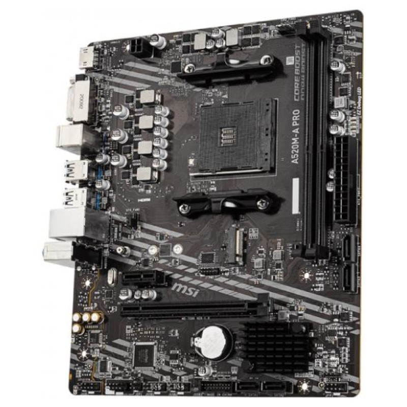 MSI Mainboard|MSI|AMD A520|SAM4|MicroATX|1xPCI-Express 3.0 1x|1xPCI-Express 3.0 16x|1xM.2|Memory DDR4|Memory slots 2|1xDVI|1xHDMI|2xAudio-Out|2xUSB 2.0|4xUSB 3.2|1xRJ45|A520M-APRO