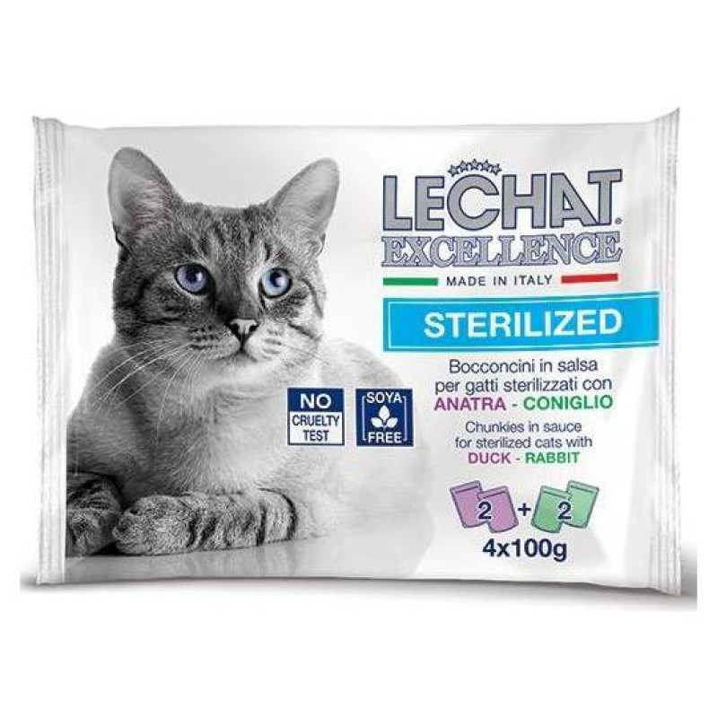 Lechat Excellence pouches STERILIZED duck/rabbit 4x100 g - konservi kaķiem