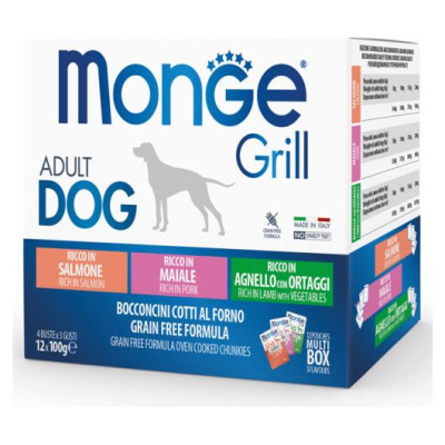 Monge Dog Grill Pouch Multipack Lamb with Vegetables, Pork, Salmon 12x100 g