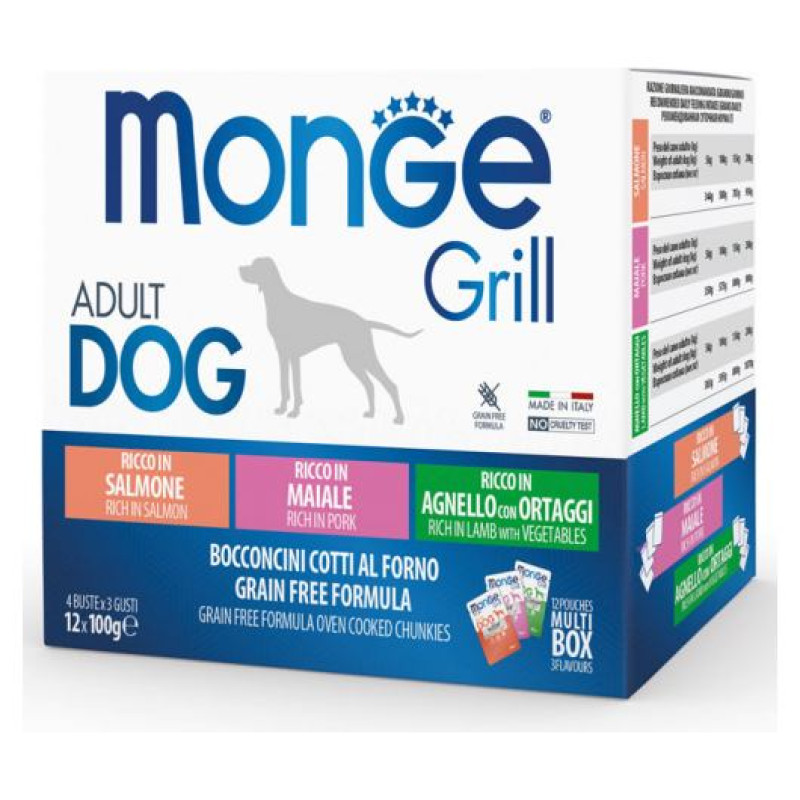 Monge Dog Grill Pouch Multipack Lamb with Vegetables, Pork, Salmon 12x100 g