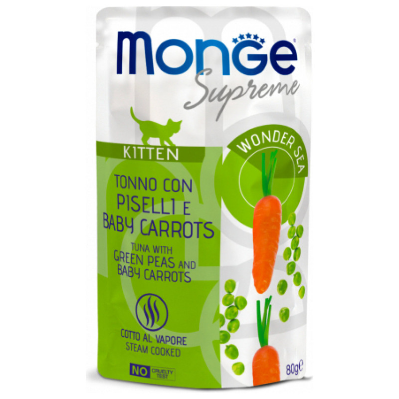 Monge Supreme Pouches Cat Kitten Tuna Flakes with Peas and Baby Carrots 80 g