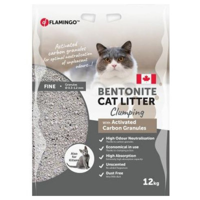 Flamingo CAT LITTER BENTONITE WITH ACTIVED CARBON GRANULES FINE GRAINS CLUMPING 12 kg