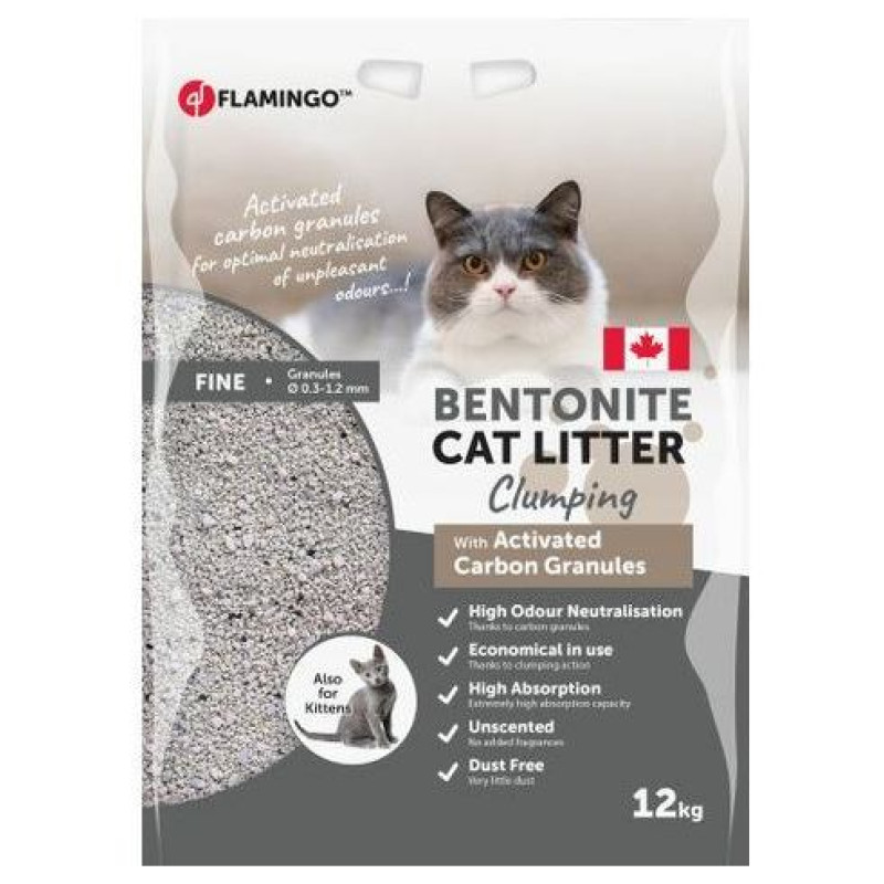 Flamingo CAT LITTER BENTONITE WITH ACTIVED CARBON GRANULES FINE GRAINS CLUMPING 12 kg