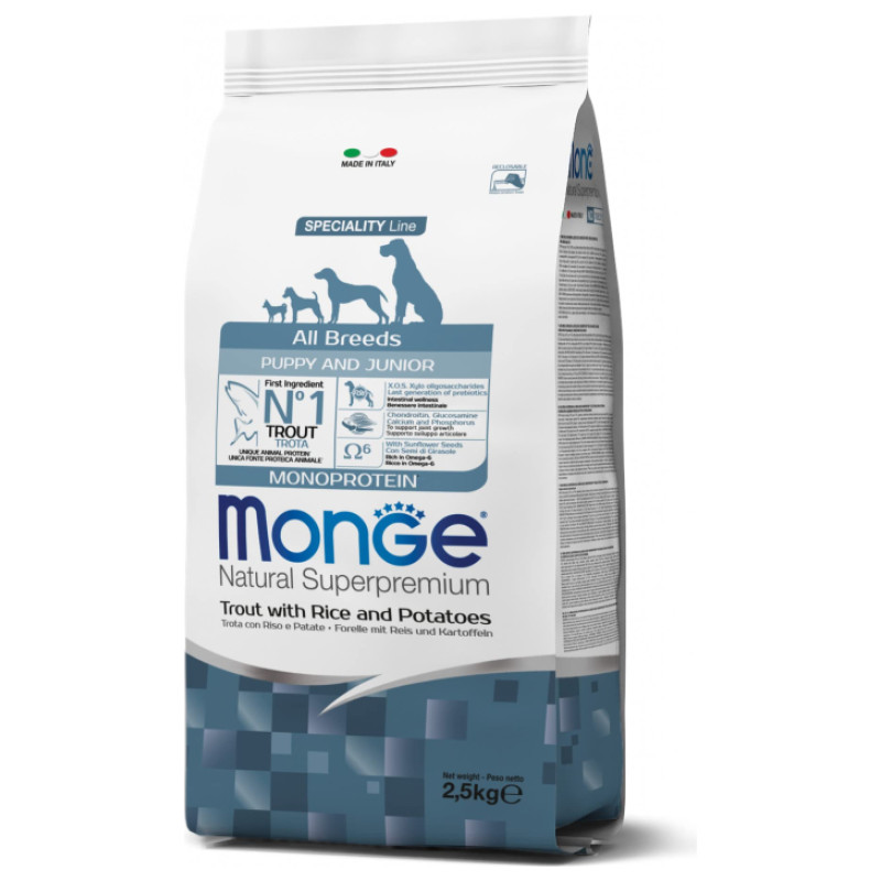 Monge Dog All Breeds Puppy and Junior Monoprotein Trout with Rice and Potatoes 2,5 kg